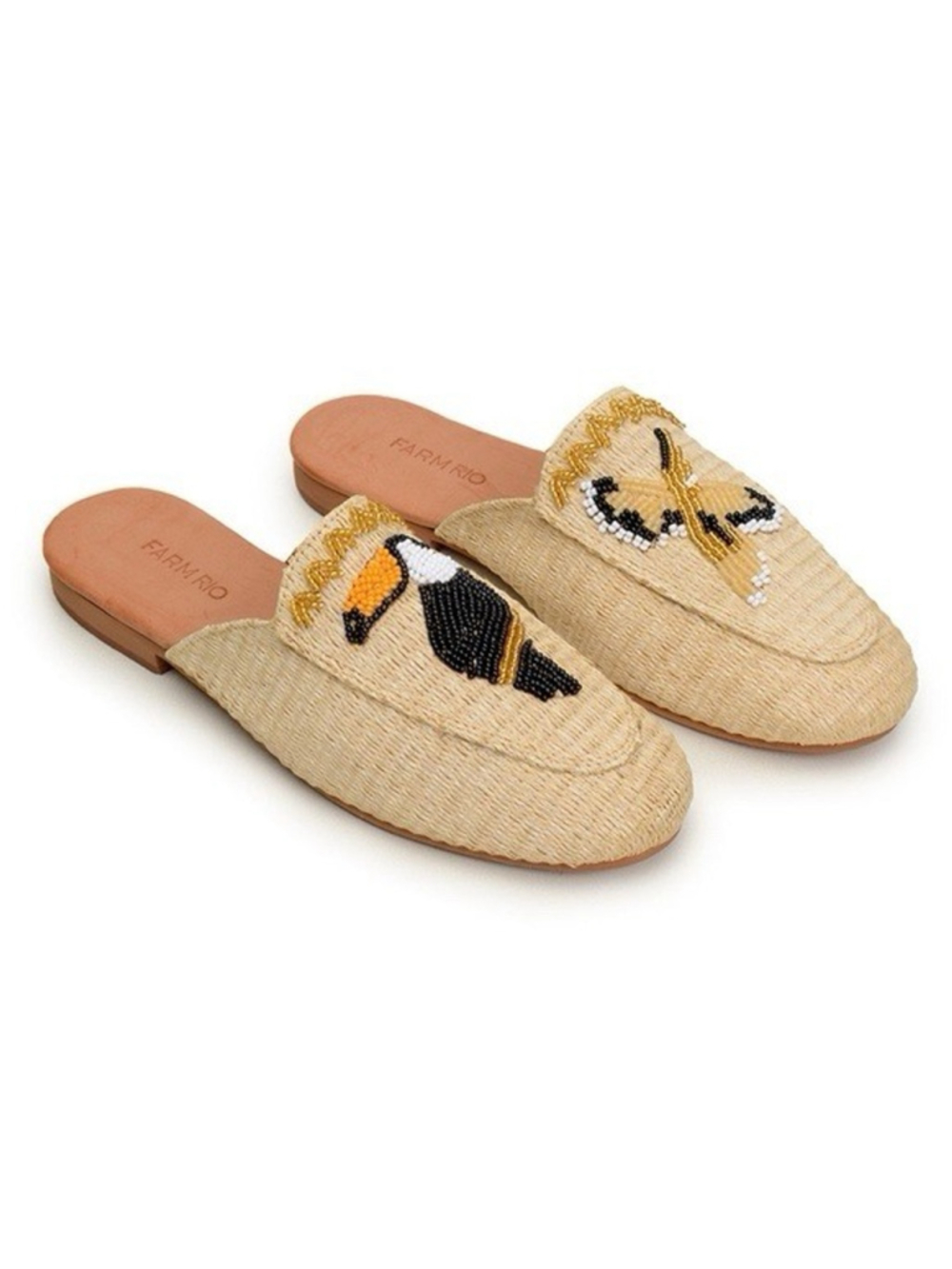 Farm Rio Toucan Tucan Raffia Mule Womens Slip Ons Beaded 6.5